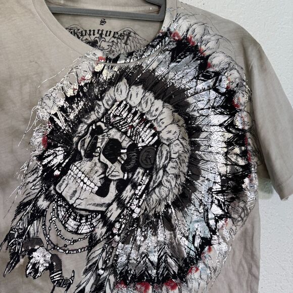 Konquest Shirt Mens Small Skull Metallic Feather Warrior Graphic Tee Tshirt Y2K - Picture 2 of 8